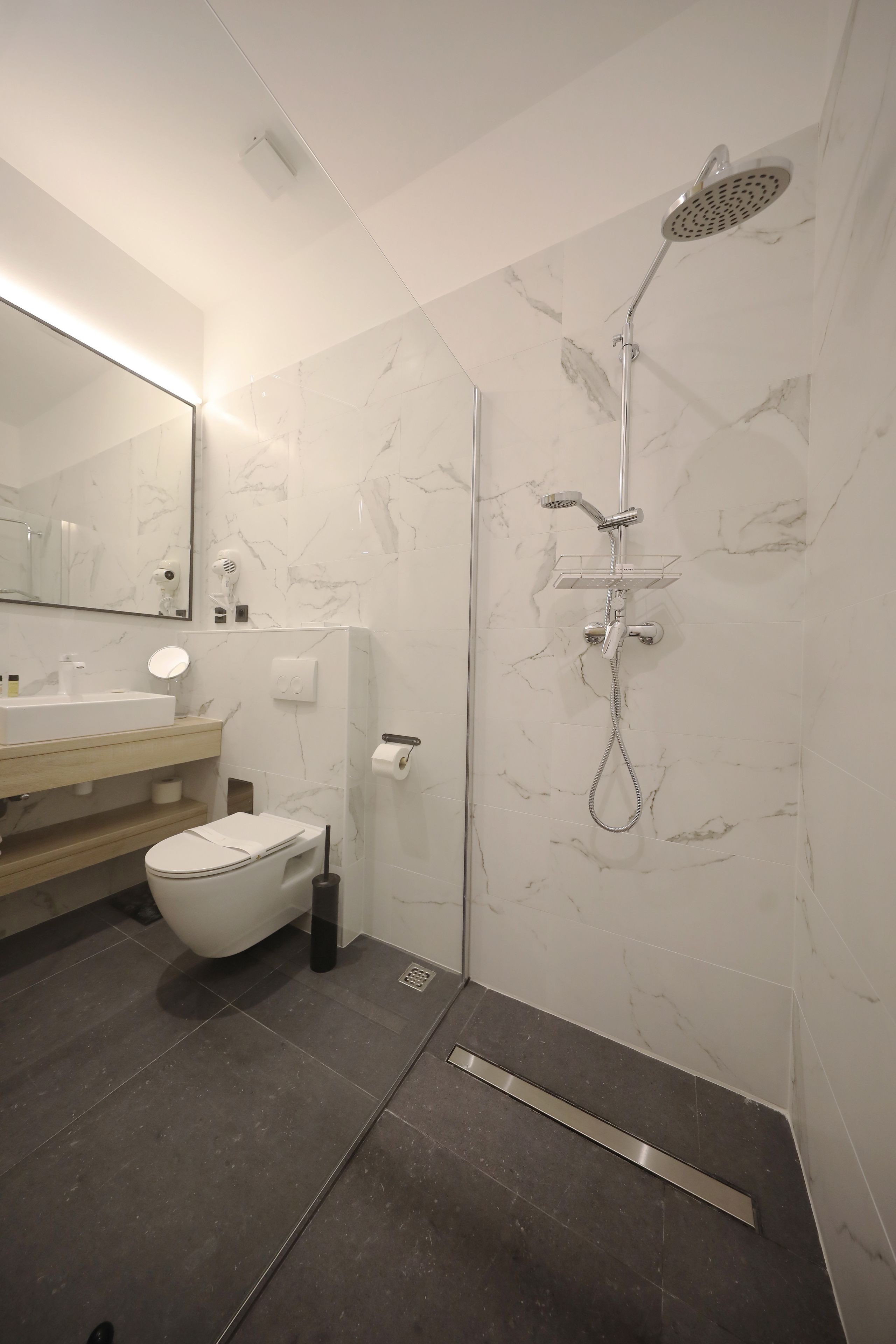 Une salle de bain moderne équipée d’une douche, de toilettes et d’un meuble-lavabo.