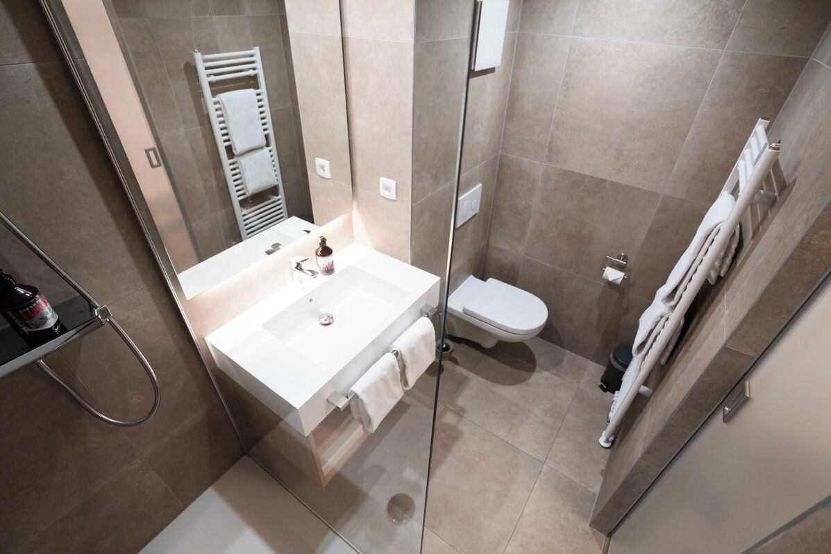 A modern bathroom with a glass shower enclosure, a white sink, and a toilet.