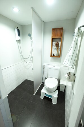 Shower, free toiletries, hair dryer, slippers