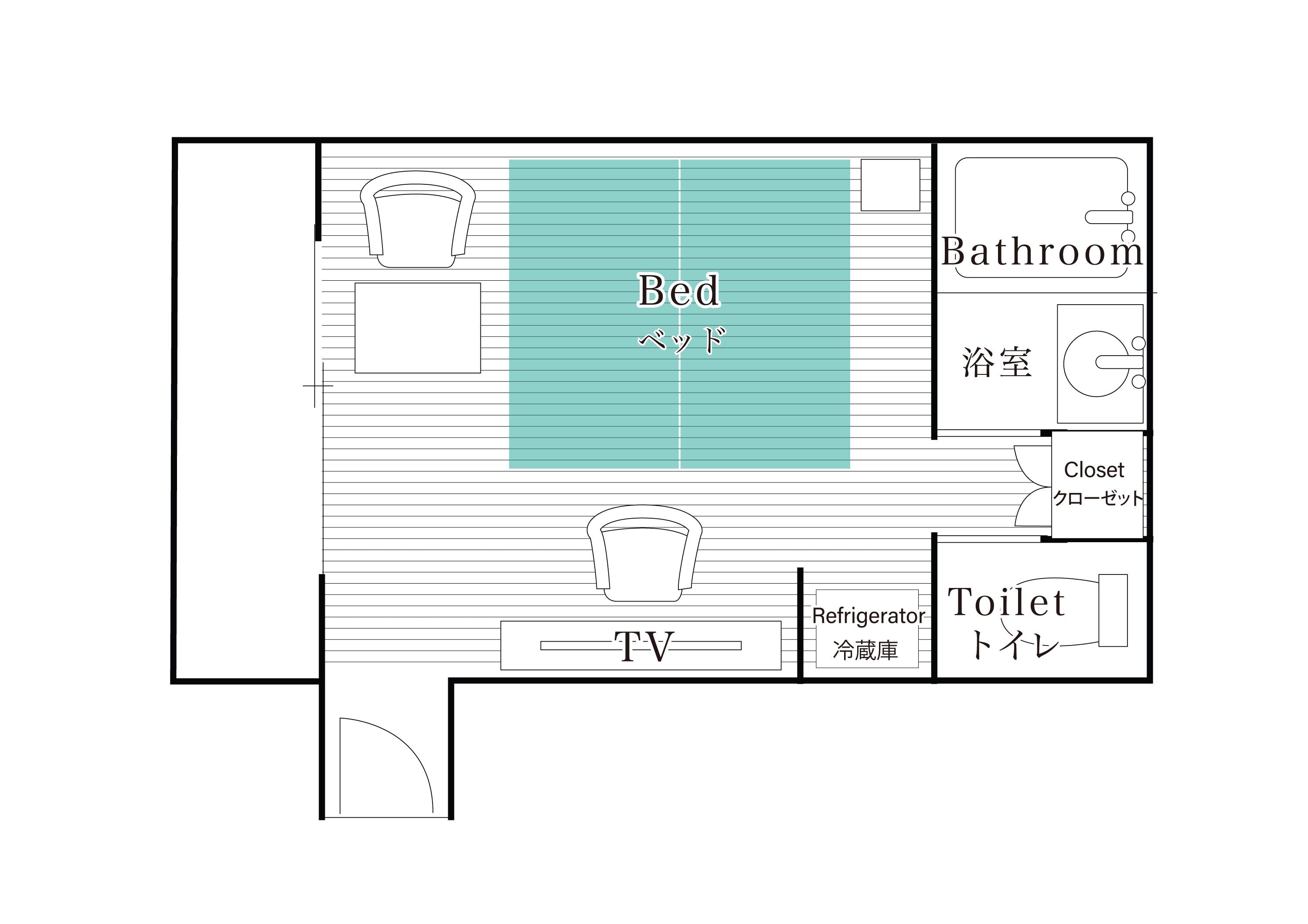 A hotel room layout with a bed, TV, refrigerator, toilet, and a bathroom.