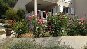 A two-story house with a balcony, surrounded by a garden with pink flowers and a stone wall. - Résidence Castugna (Cargese)