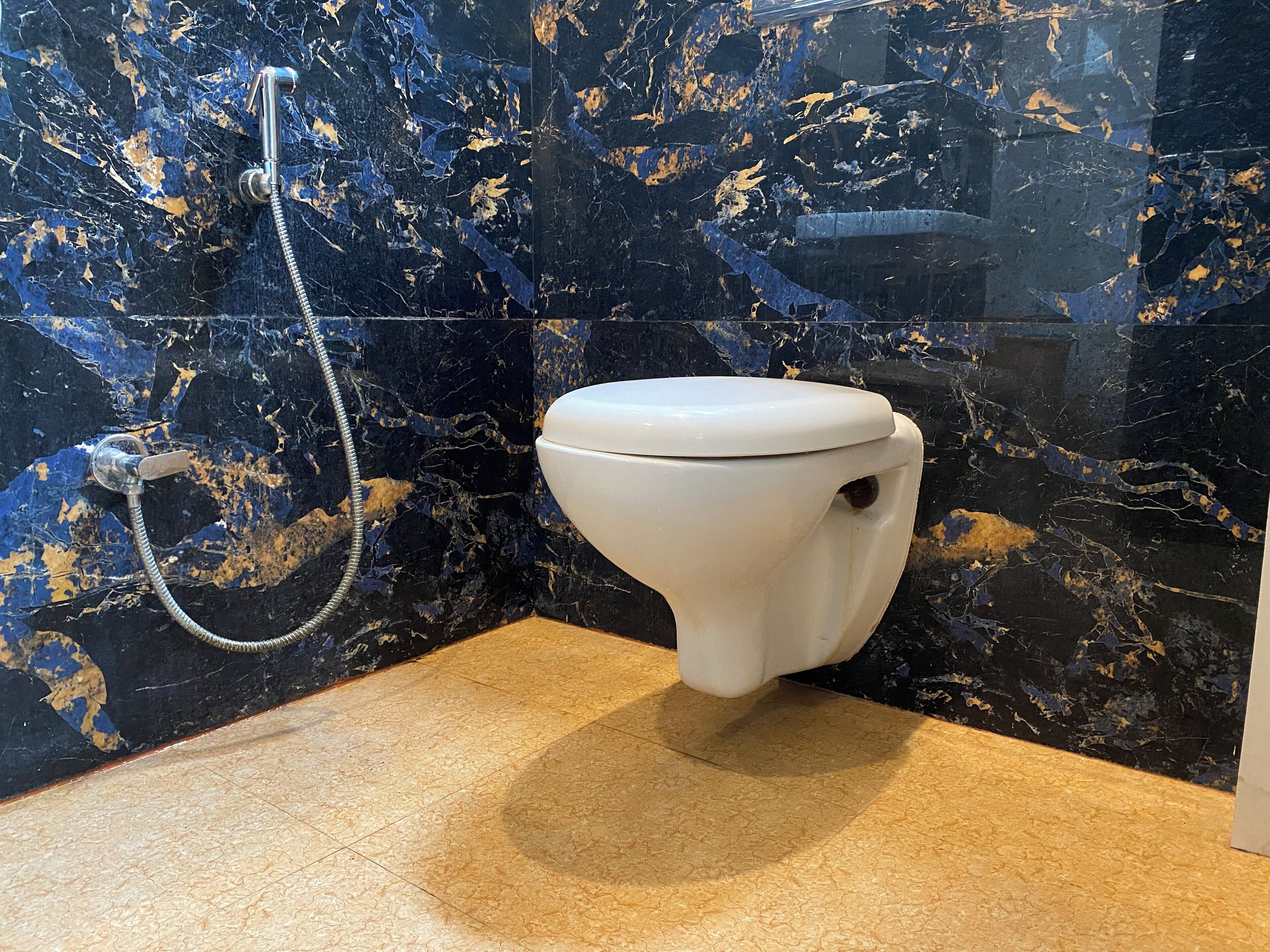 Un baño con inodoro, ducha y pared de mármol.