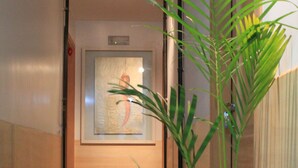 A hallway with a potted plant, a framed picture on the wall, and a door at the end. - A Casa di Penelope (Rome)