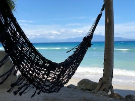 A hammock tied between two palm trees on a sandy beach with a view of the ocean.