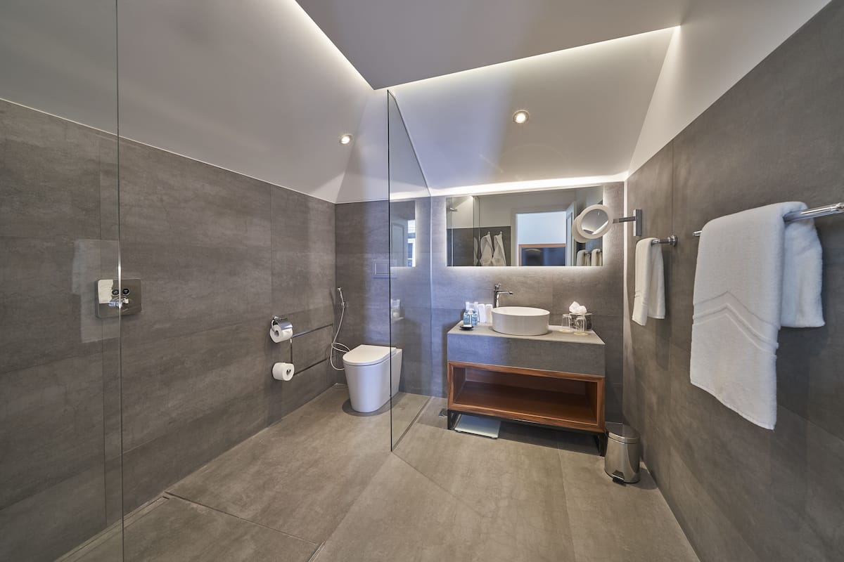 artistic suite | bathroom | separate bathtub and shower, hair dryer, bathrobes, slippers