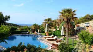 A pool area with lounge chairs, palm trees, and a view of the sea. - Ada Bacchus Hotel (Bozcaada)