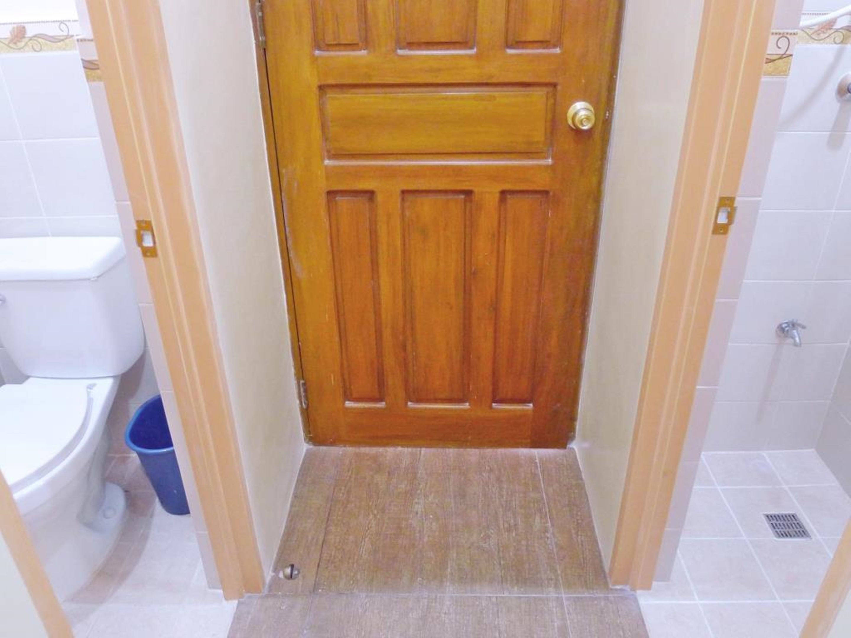 A wooden door with a metal handle, leading to a bathroom with a white toilet and a blue trash bin.