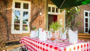 Mesa al aire libre con mantel a cuadros rojo y blanco, servilletas blancas y cristalería.