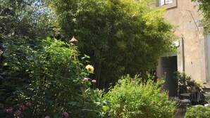 Un jardín con una jardinera de madera que contiene diversas plantas y flores.
