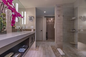 Signature Apartment, Kitchen, River View | Bathroom | Shower, hair dryer, bathrobes, slippers