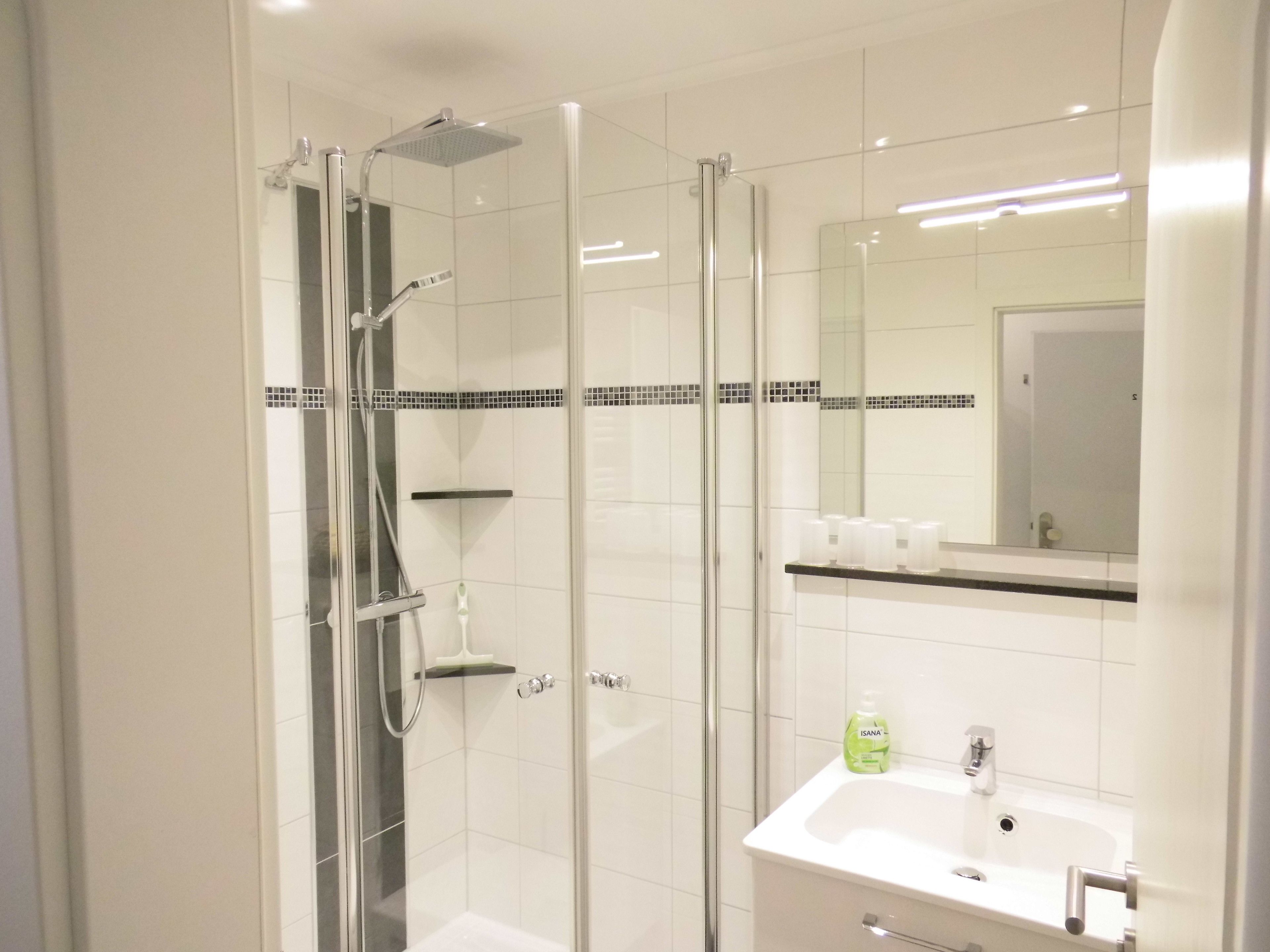 Un baño moderno con ducha de vidrio, lavamanos blanco y espejo encima.