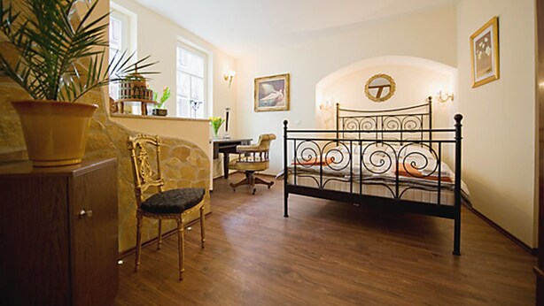 A bedroom with a bed, a chair, a desk, and a potted plant. - Kleine Villa Rose (Eltville am Rhein)