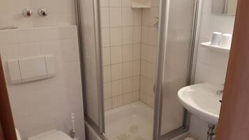 Ein Badezimmer mit einer Duschkabine, einem weißen Waschbecken und einer Toilette.