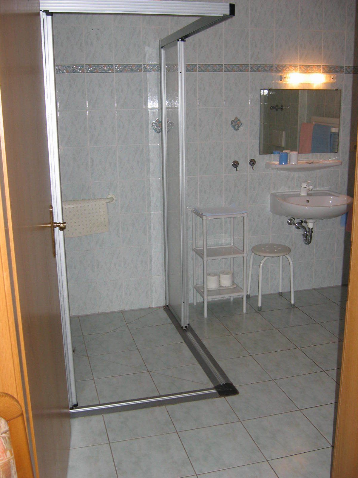 A bathroom with a glass shower enclosure, a sink, and a mirror.