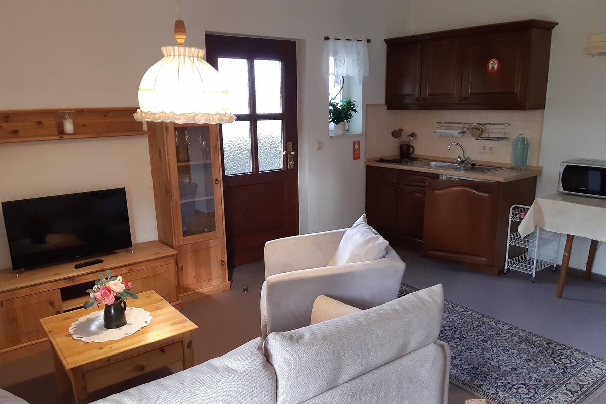 A living room with a sofa, TV, wooden cabinet, and a dining table with a vase.
