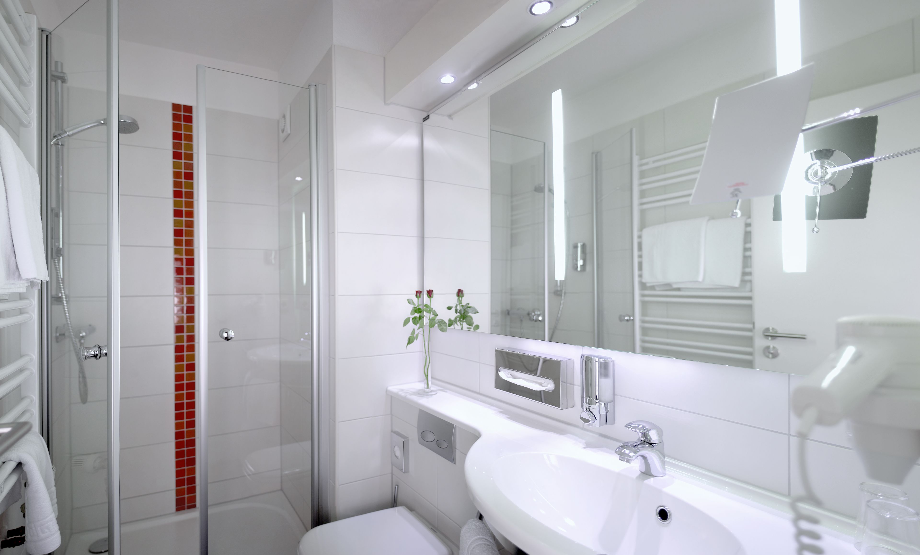 shower, free toiletries, hair dryer, towels