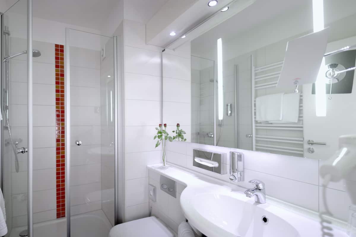 shower, free toiletries, hair dryer, towels