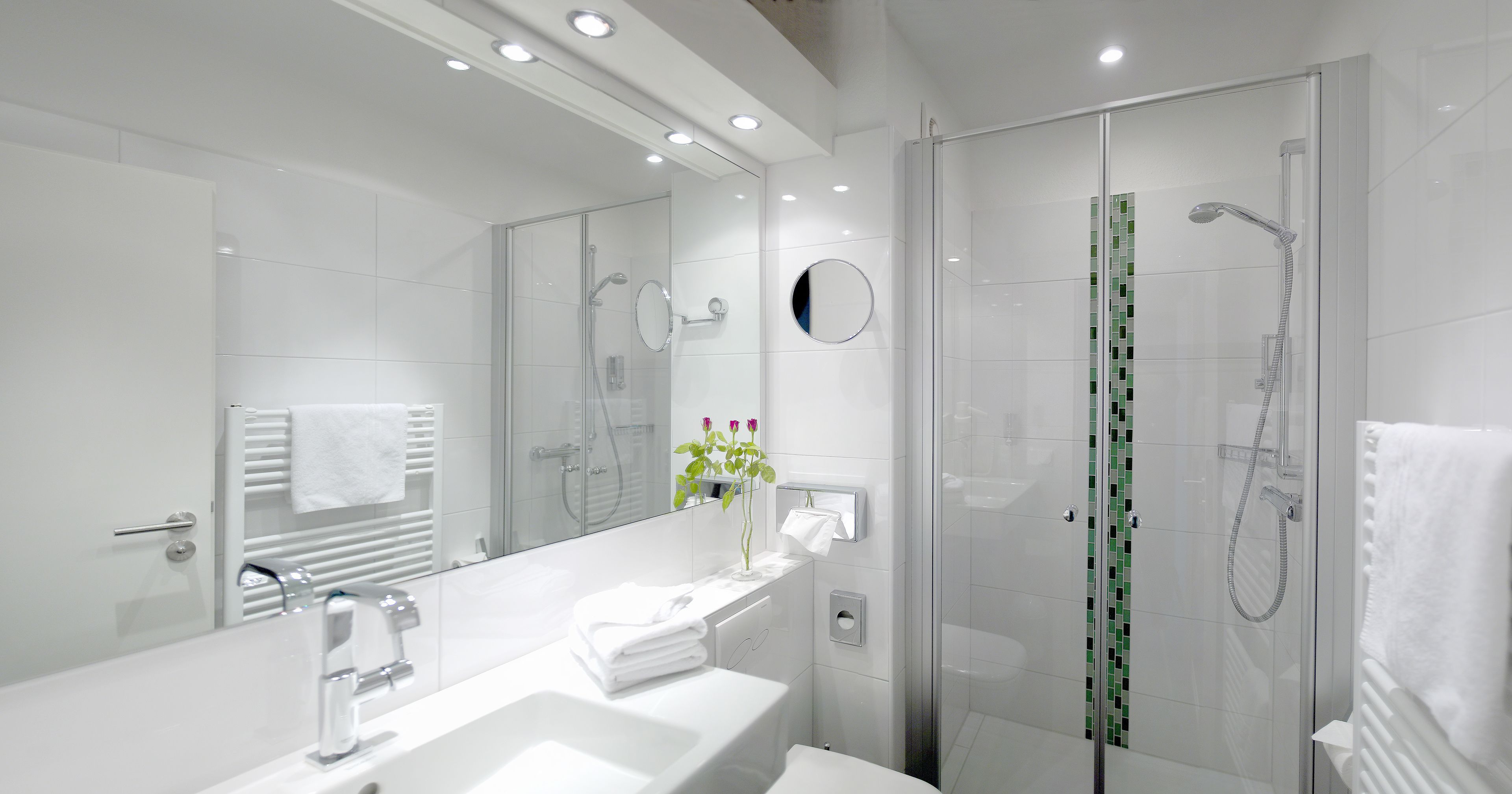 shower, free toiletries, hair dryer, towels