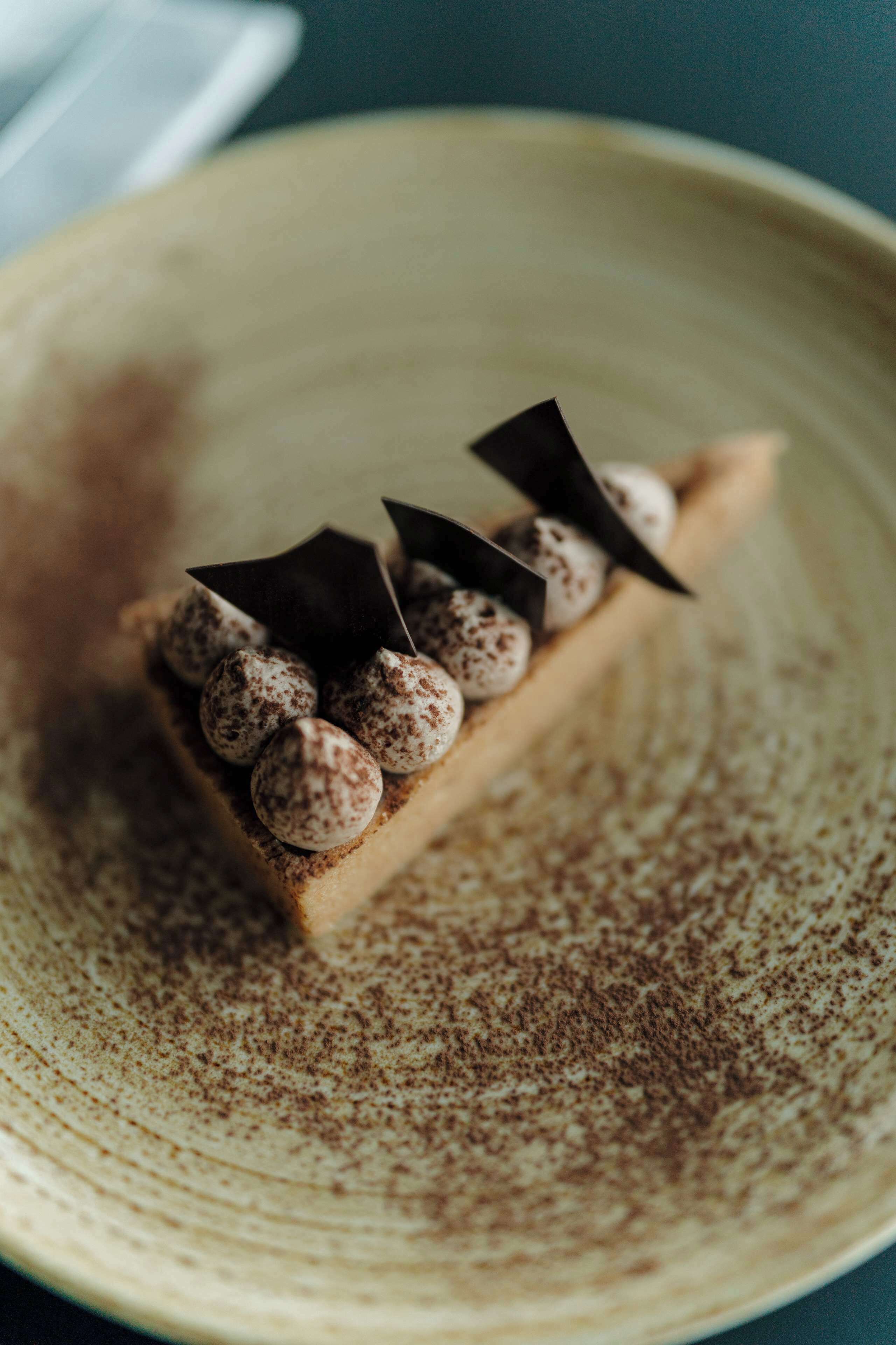 A dessert on a plate with a dusting of cocoa powder.