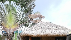 A thatched-roof hut with a wooden bench in front, surrounded by palm trees and a dirt ground. - Paniman Bay lodge (Caramoan)