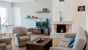 A modern living room with a sofa, armchairs, a coffee table, a TV, and a fireplace. - Steliana 2 (Malevizi)