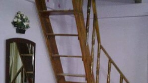 A wooden staircase with a handrail, a large mirror, and a small plant on the floor. - Nilborno Cottage (Kamalganj)