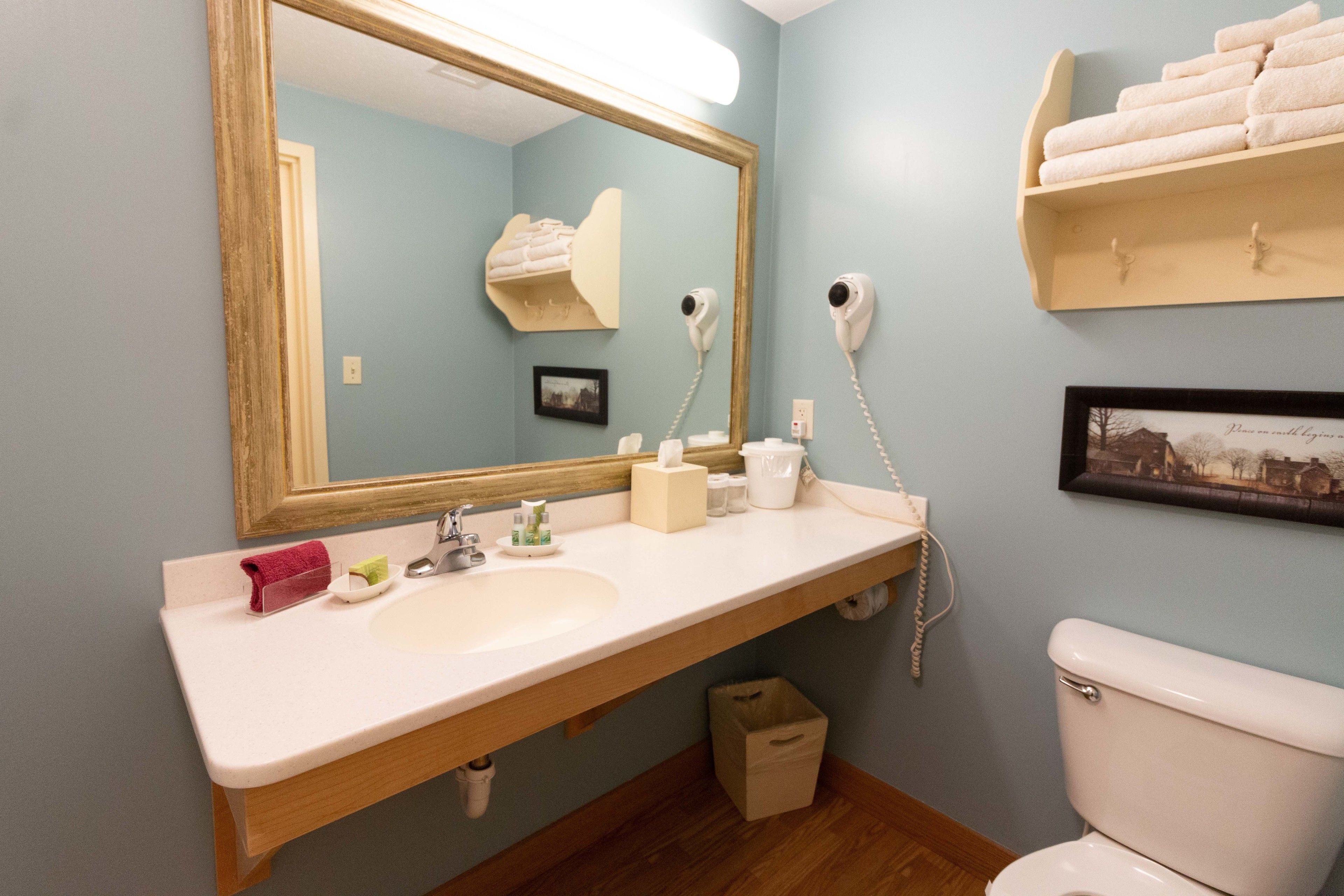 A bathroom with a white sink, a mirror, a toilet, and a towel rack.