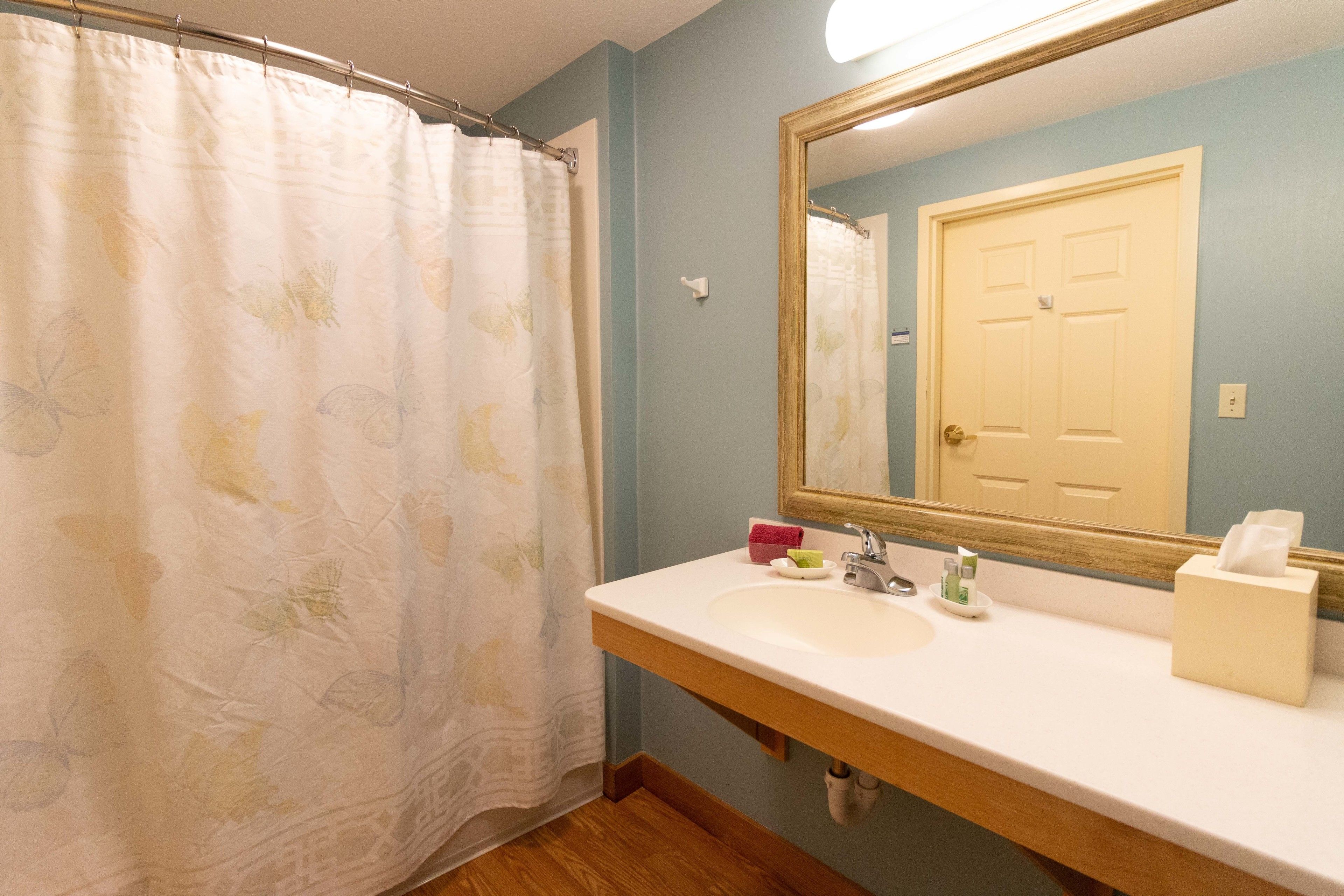 A bathroom with a shower curtain, sink, mirror, and a door.
