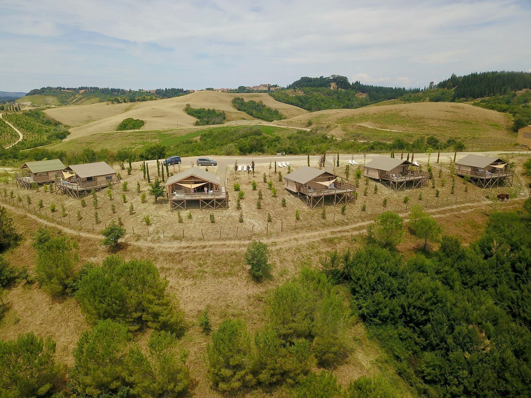 Una zona rural con varias cabañas de madera rodeadas de árboles y colinas.
