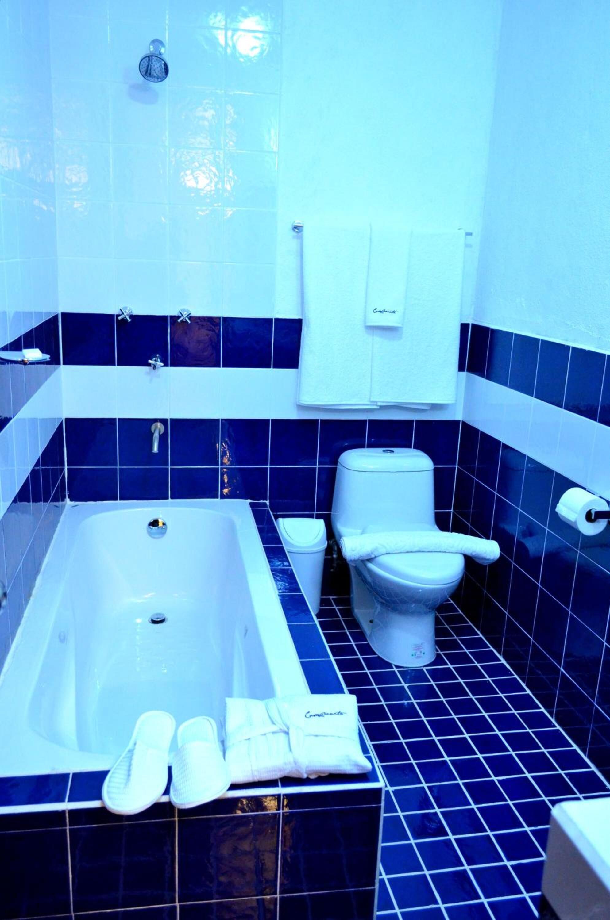 Un baño con bañera, inodoro y toallero.