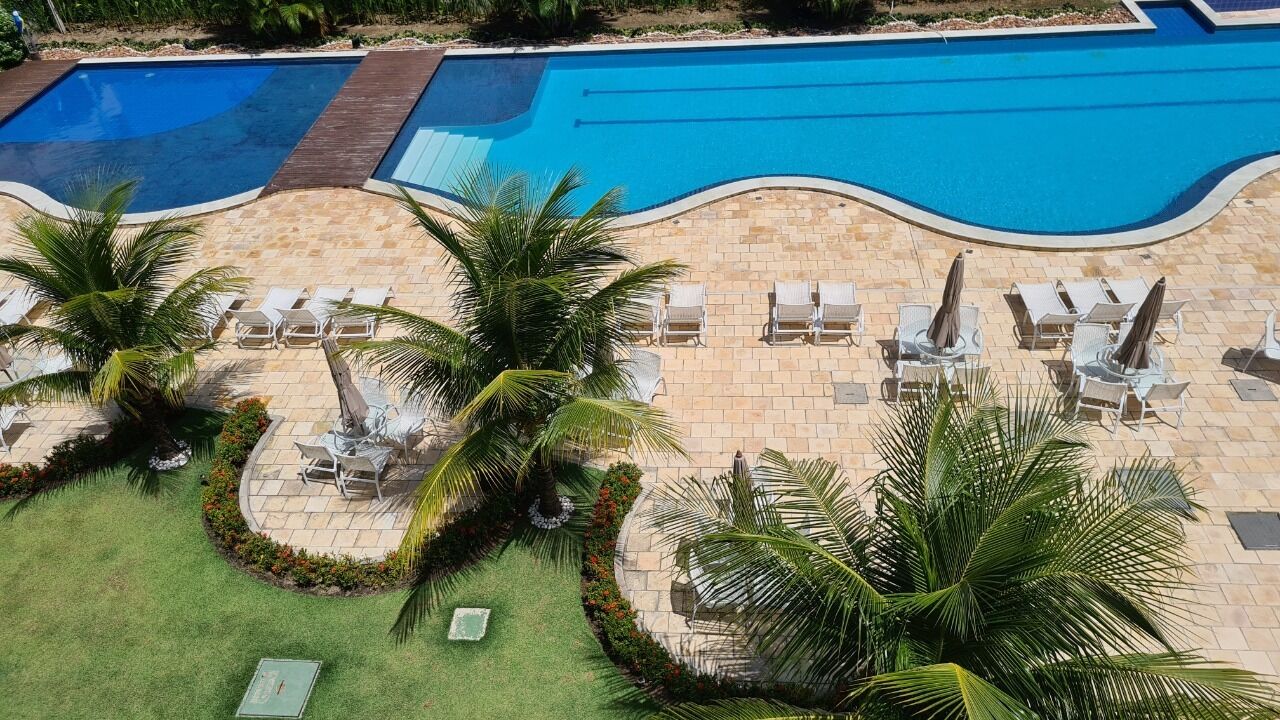 A swimming pool with a curved edge, surrounded by palm trees and lounge chairs.