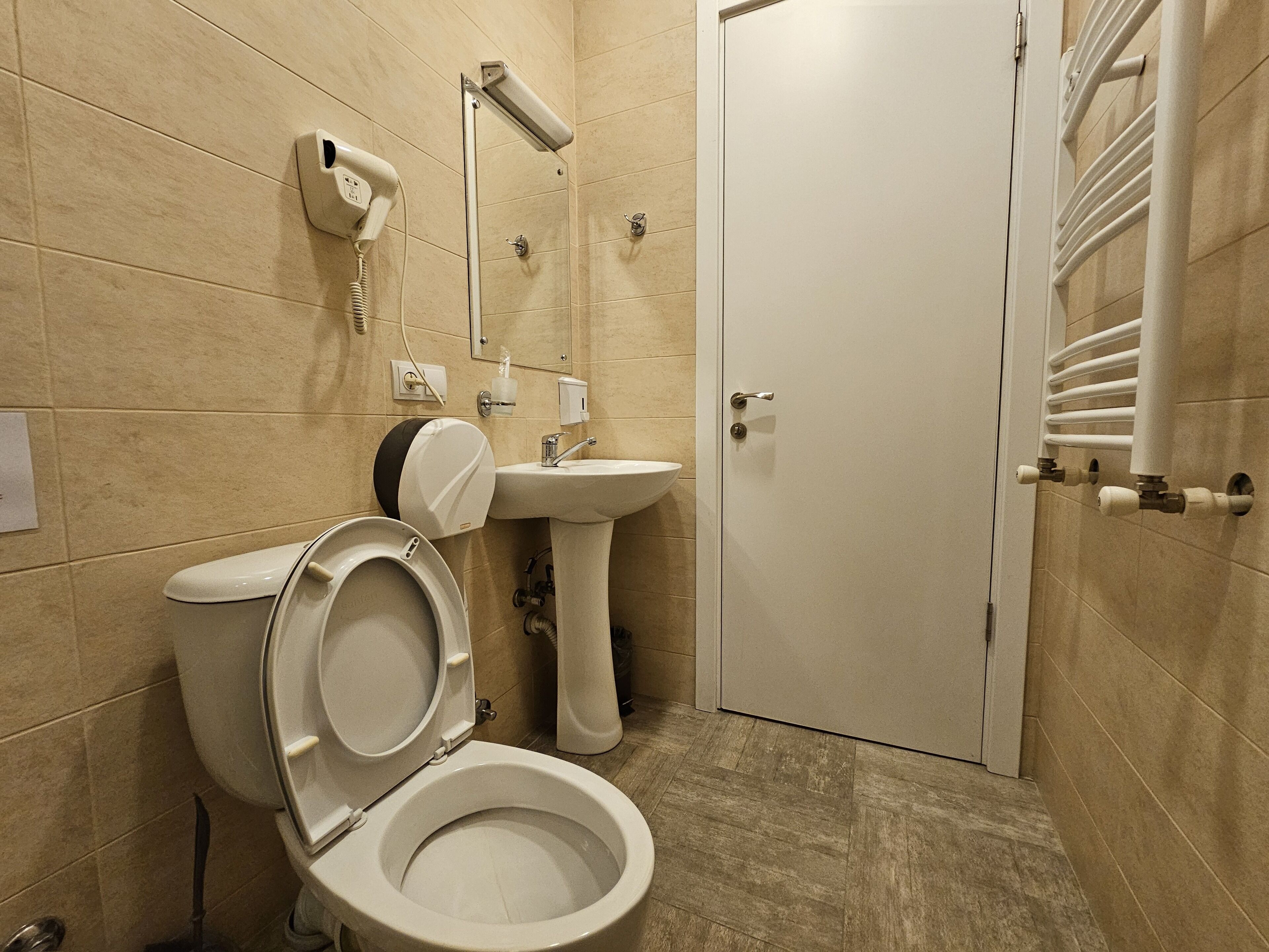 Een badkamer met toilet, wastafel en handdoekhouder.