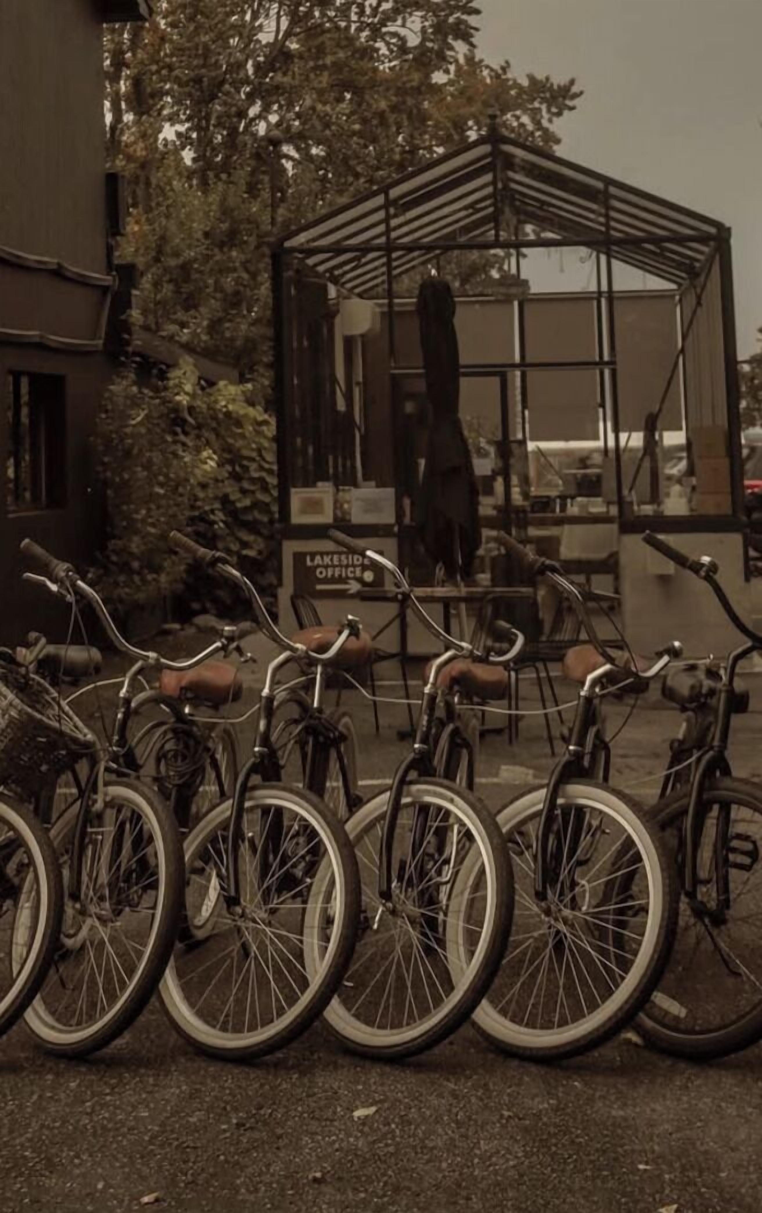 Bicycles parked in front of a building with a sign that reads "Lakeside Office".