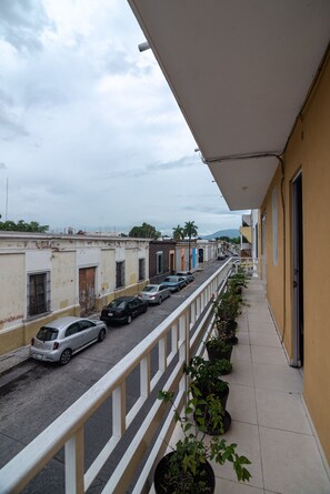 A balcony with a view of a street, potted plants, and parked cars.