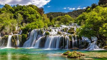 A waterfall cascading over rocks into a clear, turquoise pool surrounded by lush greenery.