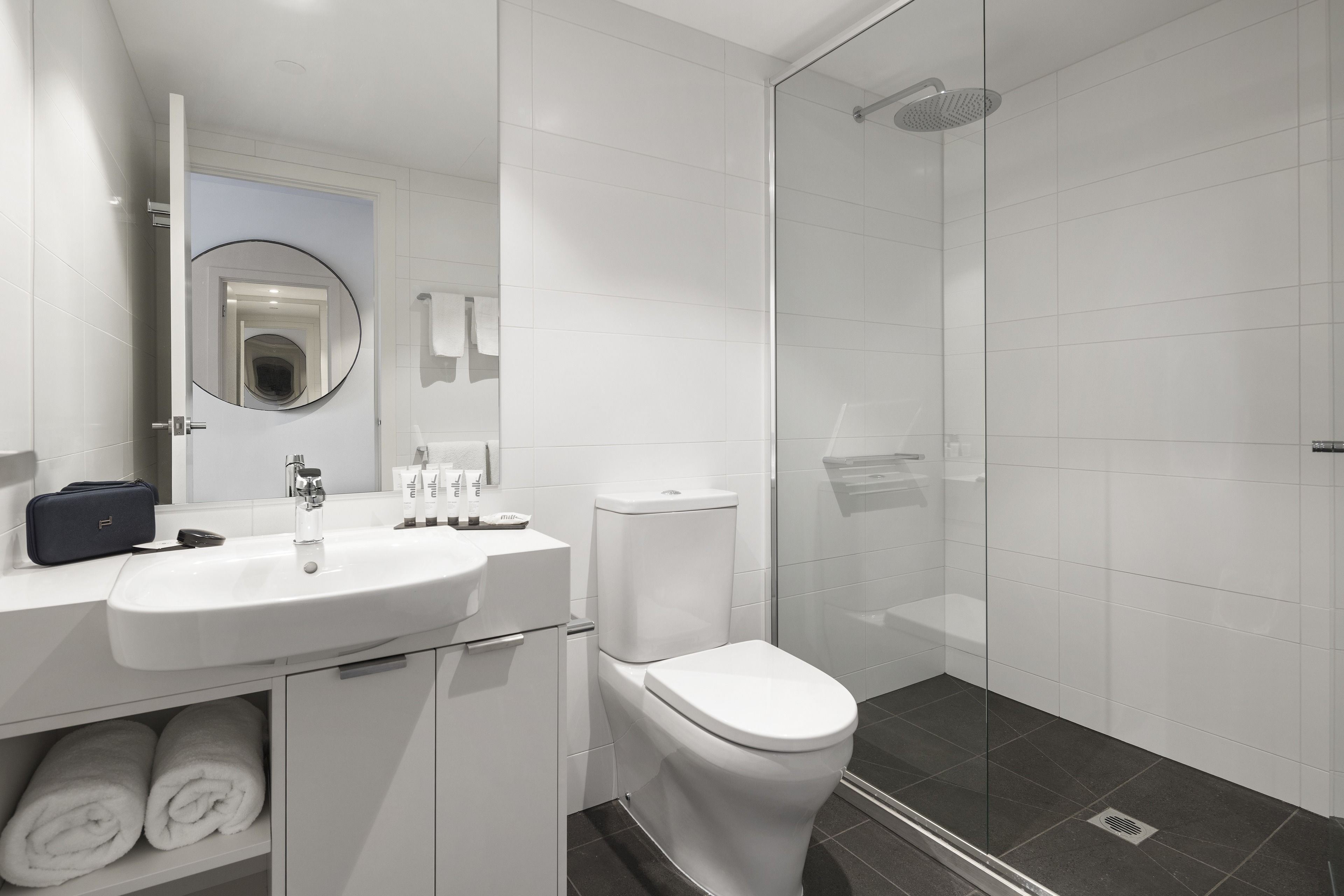 shower, rainfall showerhead, designer toiletries, hair dryer