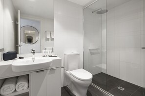 Shower, rainfall showerhead, designer toiletries, hair dryer