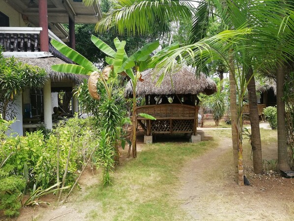 A thatched-roof hut with a wooden bench, surrounded by lush greenery and a dirt path.