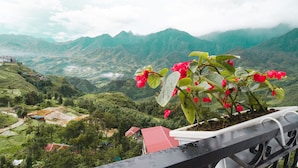 Paisaje montañoso con un edificio de techo rojo y una maceta con flores rojas.