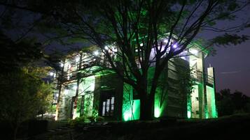 A building with a large tree in front, illuminated by green lights.