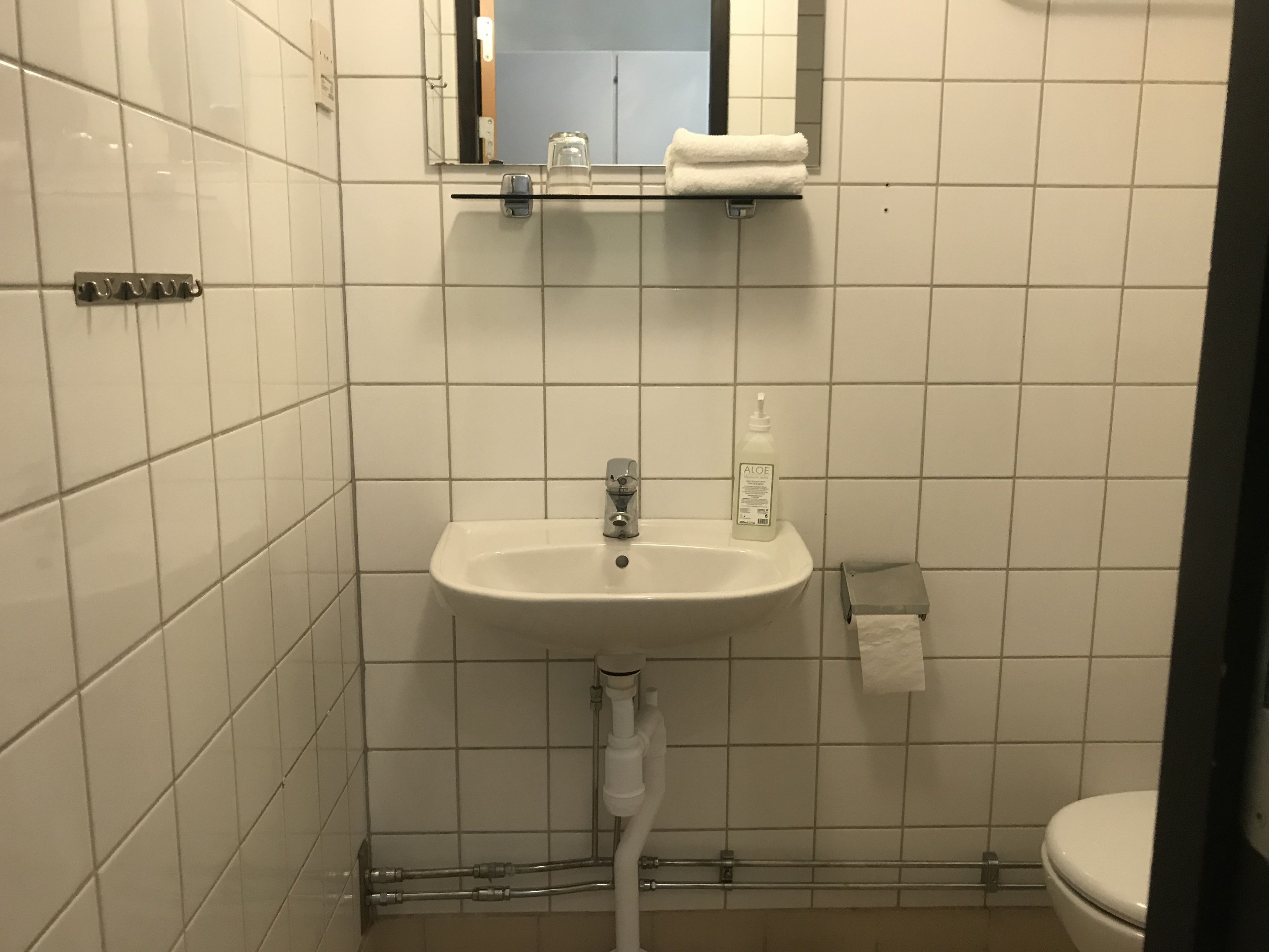 A bathroom with a white sink, a mirror above it, and a toilet.