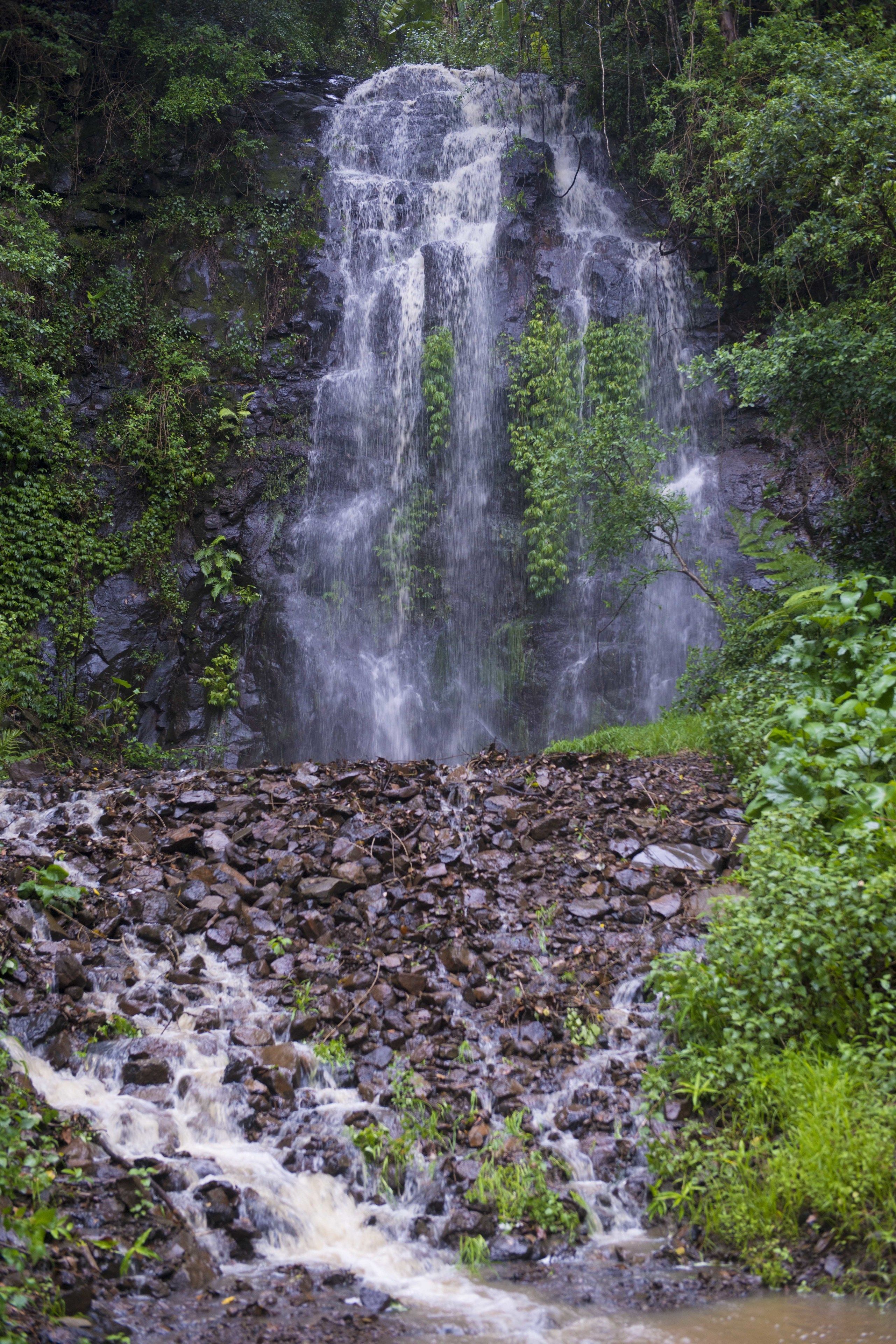 Een waterval die over rotsen stroomt, omgeven door weelderige begroeiing.