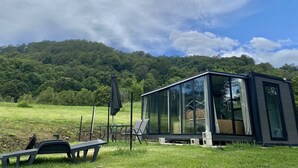 A modern glass house with a deck, surrounded by a grassy field and a forested hill. - Nimbin Waterfall Retreat (Nimbin)
