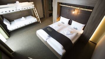 A hotel room with a bunk bed, a single bed, and a ladder.
