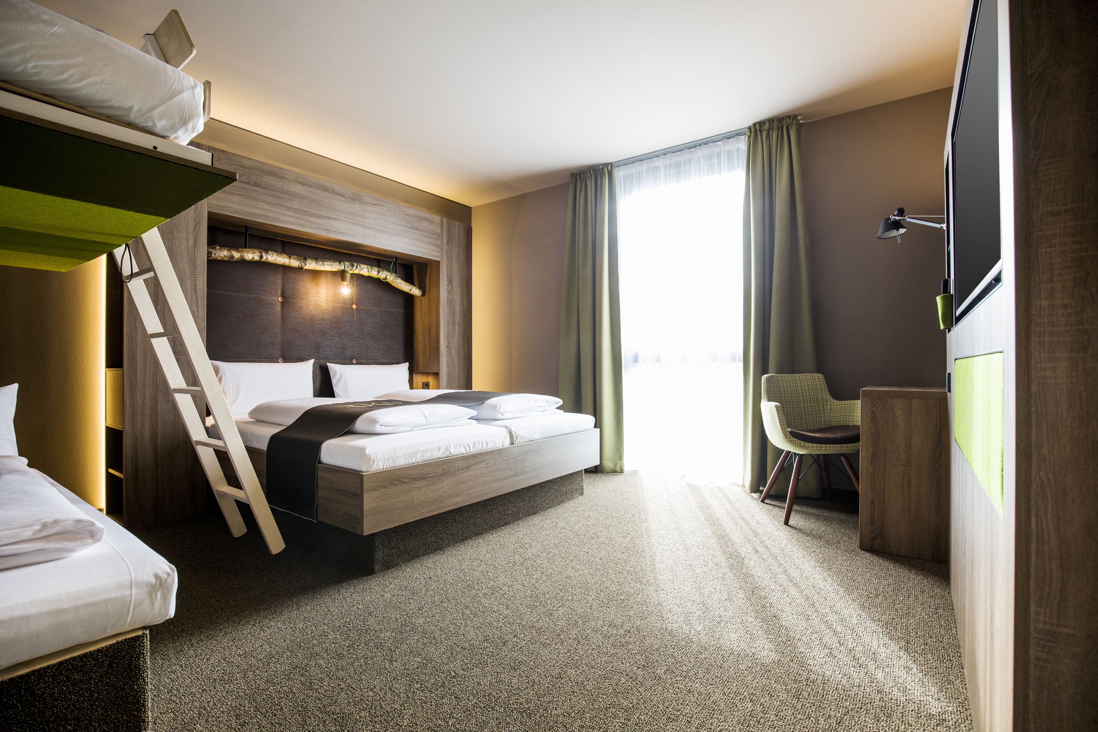 hypo-allergenic bedding, desk, blackout curtains, soundproofing