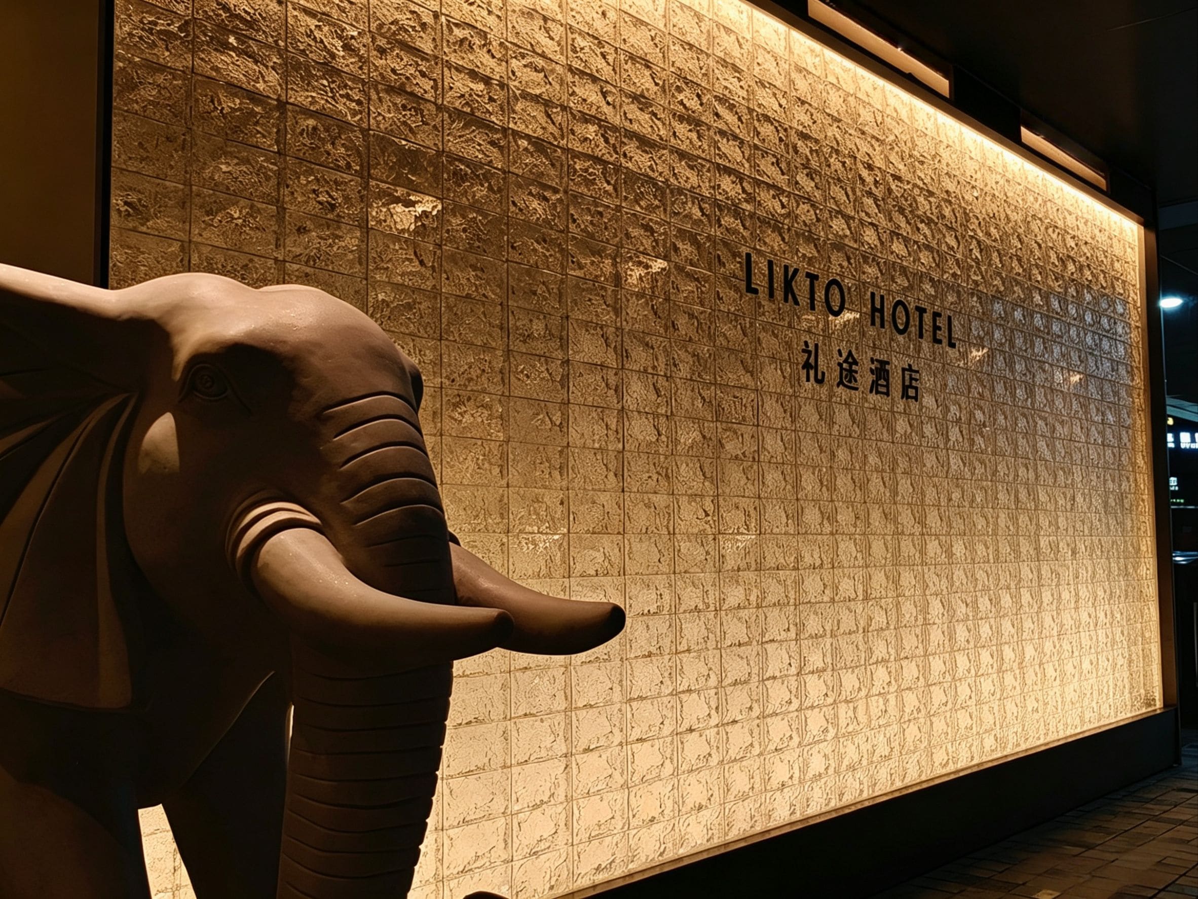 En staty av en elefant framför en vägg med texten ”LIKTO HOTEL” och japanska tecken.