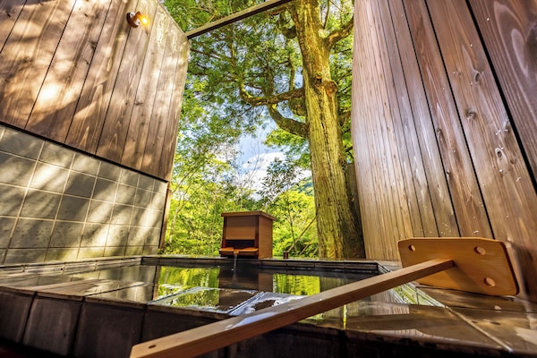 Executive Family Room with Hot Spring Open-Air Bath(Gyokoso) | Bathroom | Hair dryer, slippers, towels, soap