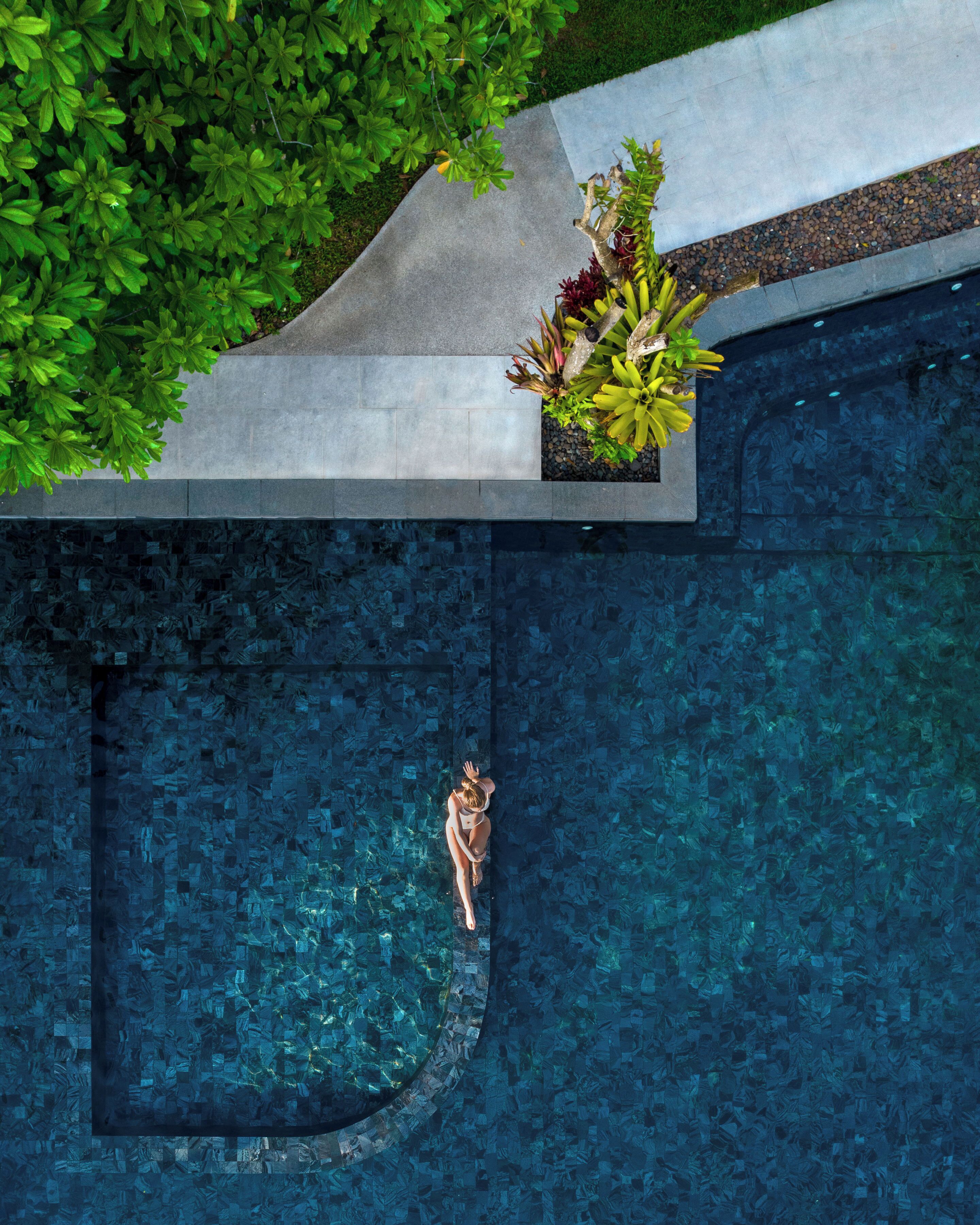 Outdoor pool, pool umbrellas, pool loungers