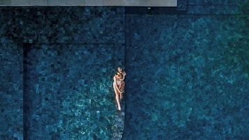 Outdoor pool, pool umbrellas, pool loungers