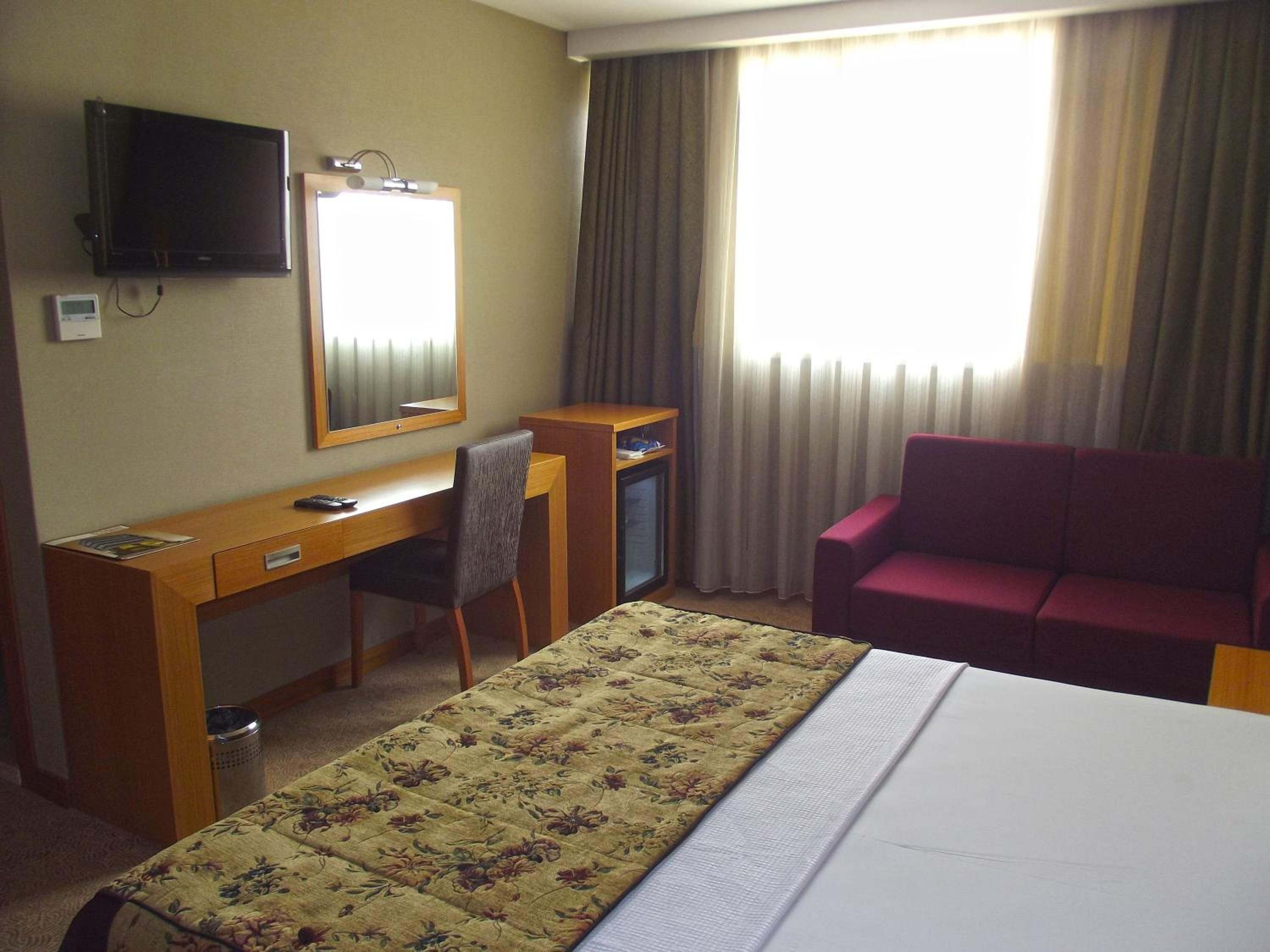 A hotel room with a bed, a desk with a chair, a television, a mirror, and a sofa.